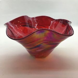 Glass Eye Studio Christmas Red Iridescent Confetti Handblown Ruffled Bowl Vase